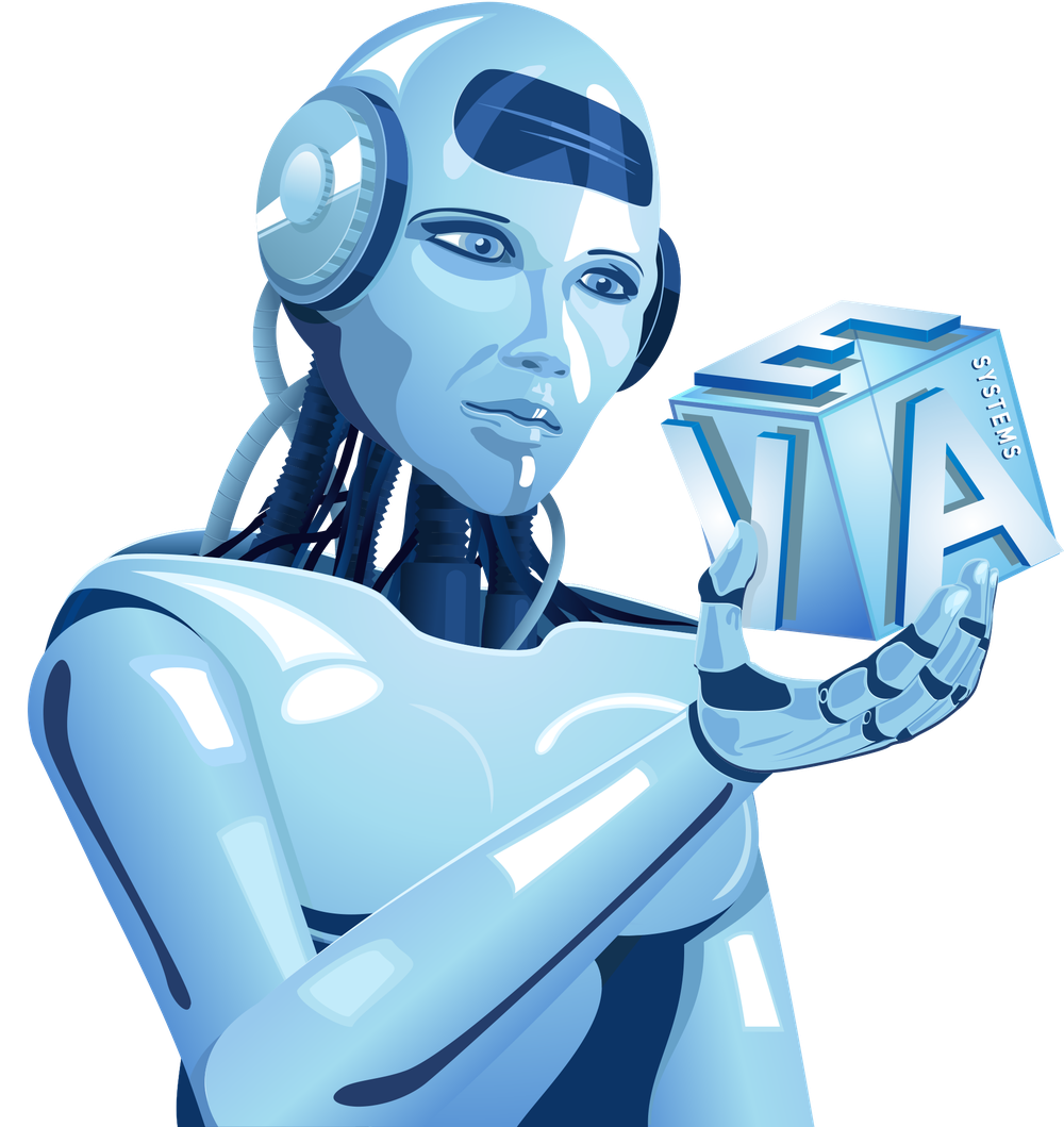 EVA — the Enterprise Vehicle Agent, an AI robot presenting the EVA systems cube